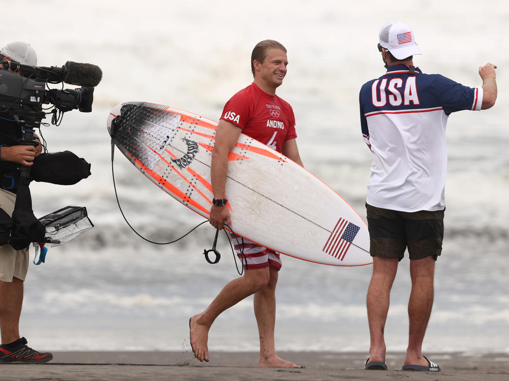 Kolohe Andino of Team USA reacts after his win on day three of the Tokyo 2020 Olympic Games at Tsurigasaki Surfing Beach on Monday.