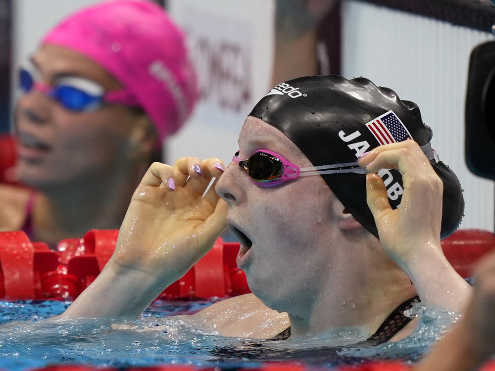 Lydia Jacoby of the United States, sees the results after winning the final of the women's 100-meter breaststroke at the 2020 Summer Olympics, Tuesday, July 27, 2021, in Tokyo, Japan.
