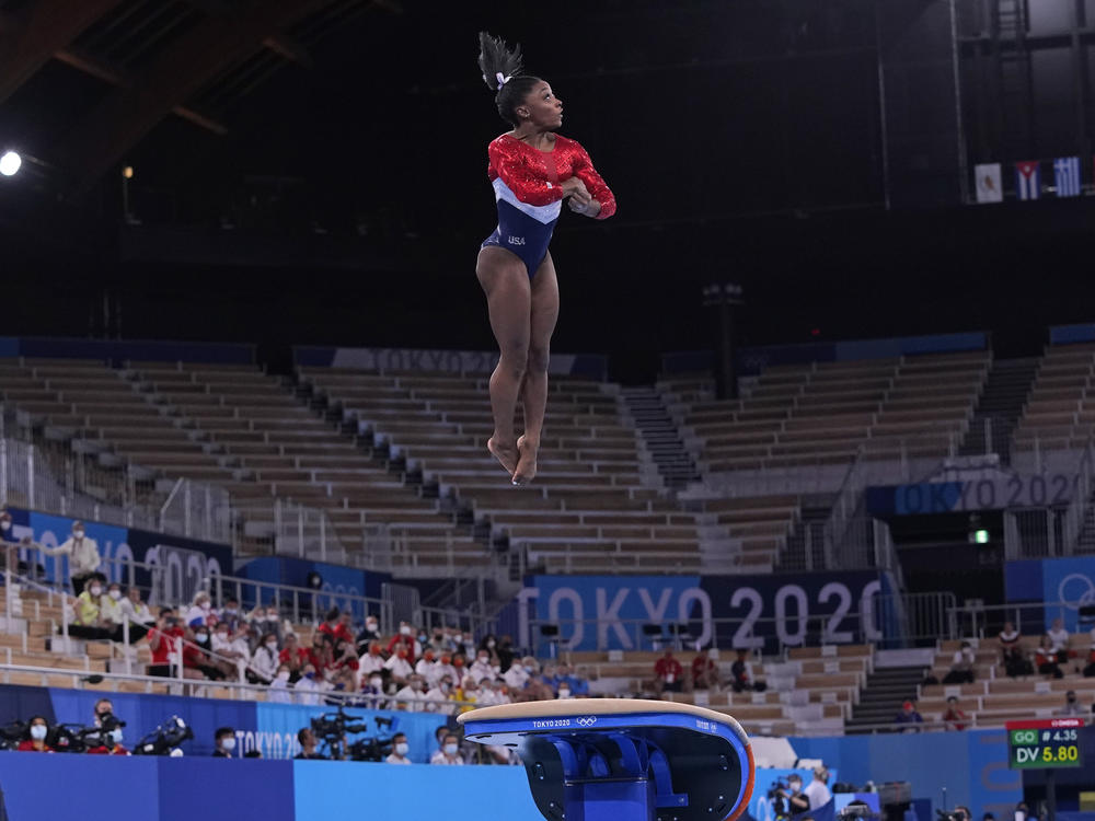 Simone Biles from the U.S. performs on the vault during the gymnastics women's team final at the Summer Olympics on Tuesday in Tokyo.