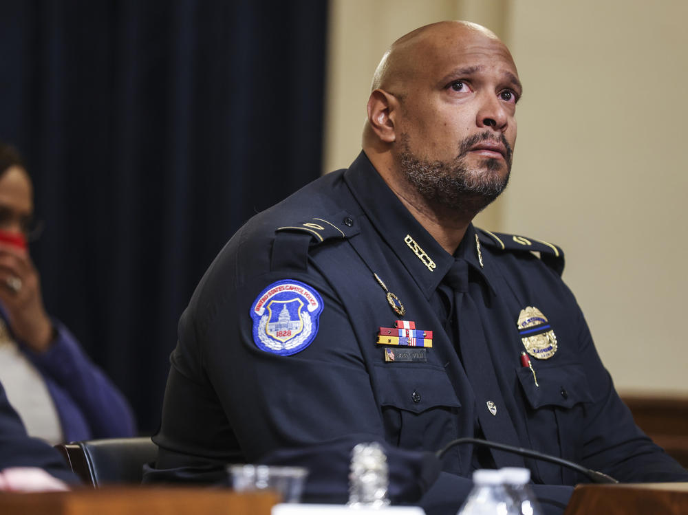 U.S. Capitol Police Pfc. Harry Dunn testifies Tuesday during a House select committee hearing about the Jan. 6 attack on the U.S. Capitol.