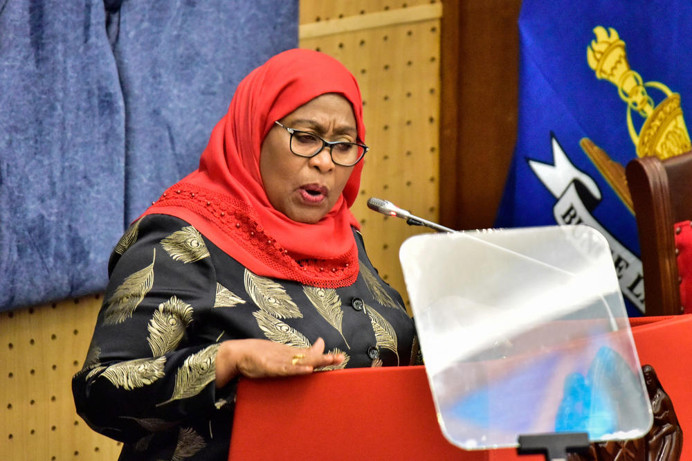 Samia Suluhu Hassan, the new president of Tanzania, addresses the national assembly on April 22. She is scheduled to get her COVID-19 vaccine on Wednesday morning.