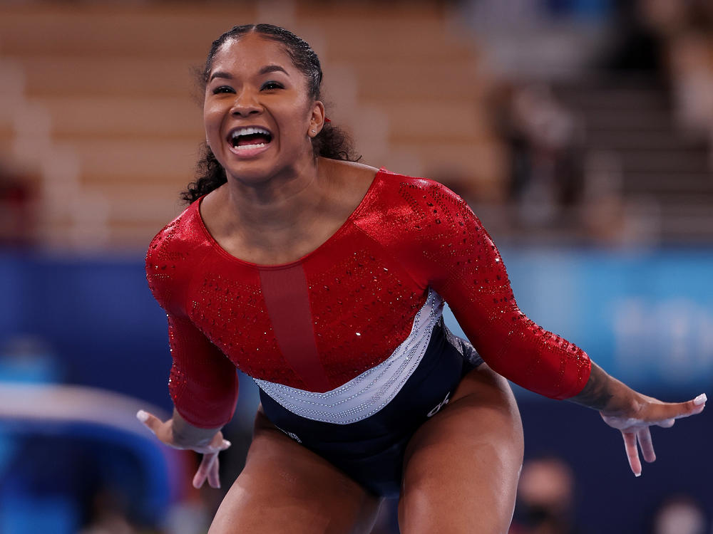 Jordan Chiles rejoices after her performance on the balance beam on Tuesday in the team final.