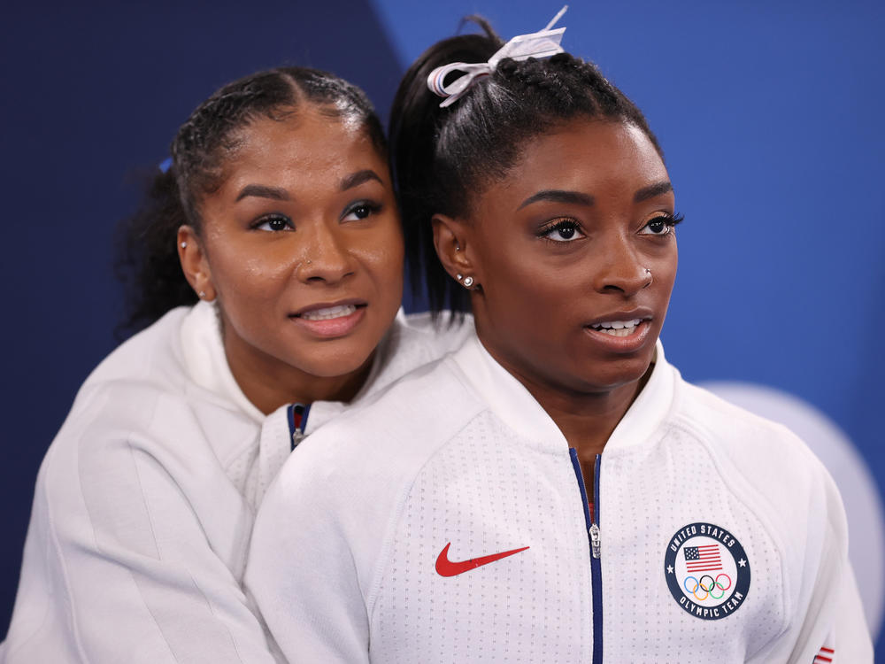 Jordan Chiles (left) and Simone Biles during the women's team final on Tuesday in Tokyo.