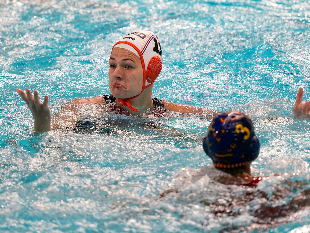Netherland's Simone van de Kraats reacts to an official's call during a preliminary round women's water polo match against Spain at the 2020 Summer Olympics, Wednesday, July 28, 2021, in Tokyo, Japan.