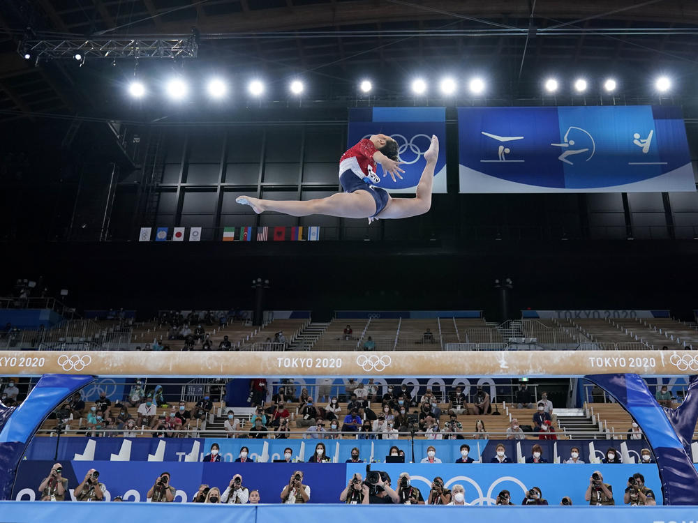 Sunisa Lee, of the United States, performs on the balance beam during the artistic gymnastics women's final at the 2020 Summer Olympics, Tuesday, July 27, 2021, in Tokyo.