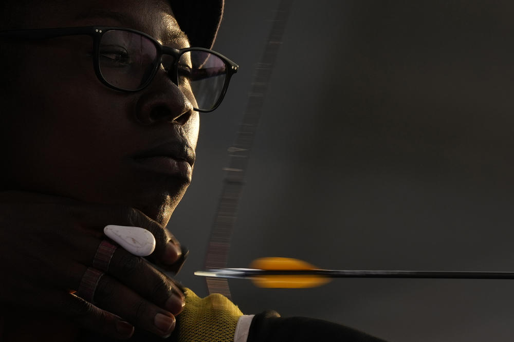 Chad's Marlyse Hourtou shoots an arrow during the women's individual eliminations at the 2020 Summer Olympics, Thursday, July 29, 2021, in Tokyo, Japan.