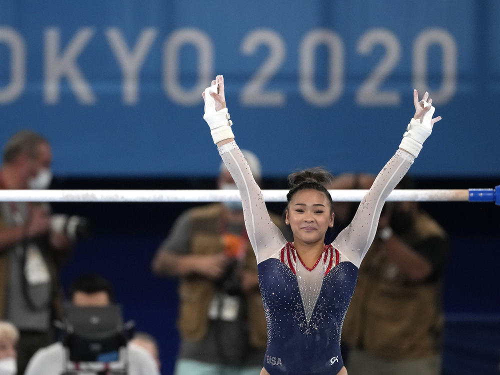 U.S. gymnast Sunisa Lee finishes on the uneven bars during the gymnastics women's all-around final at the Summer Olympics on Thursday.