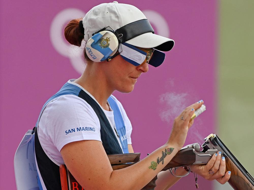 San Marino's Alessandra Perilli competes in the women's trap qualification during the Tokyo 2020 Olympic Games at the Asaka Shooting Range in the Nerima district of Tokyo on July 29, 2021.