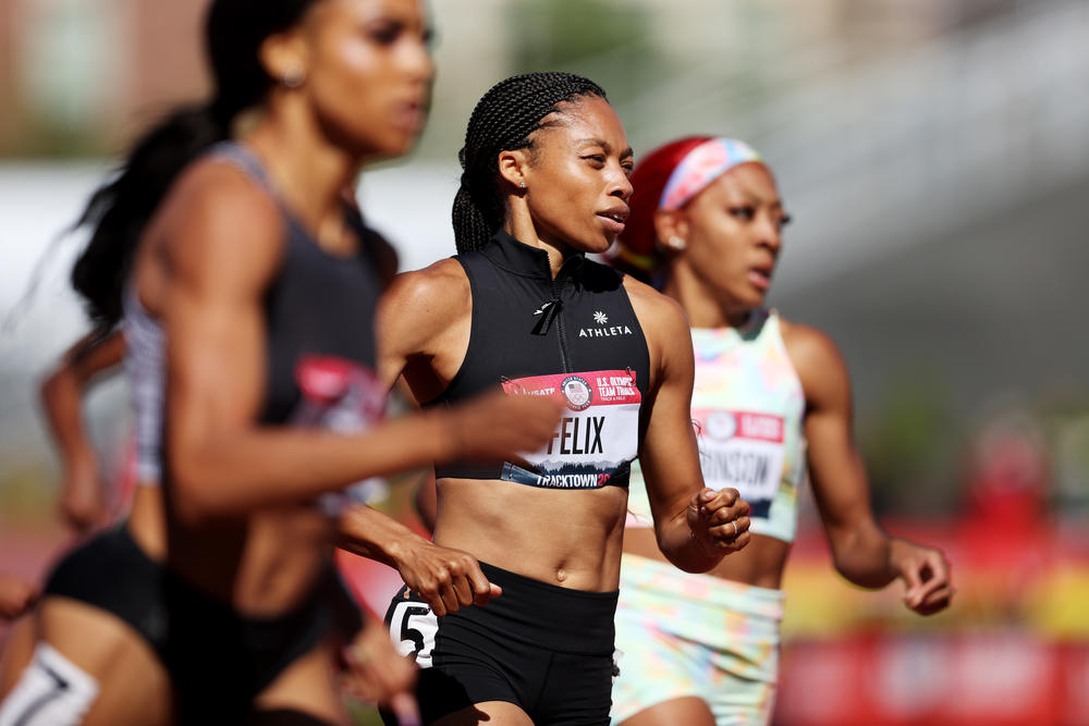 Allyson Felix sprints in a 400 meter qualifying heat during the 2020 U.S. Olympic Track & Field Trials at last month in Eugene, Ore.
