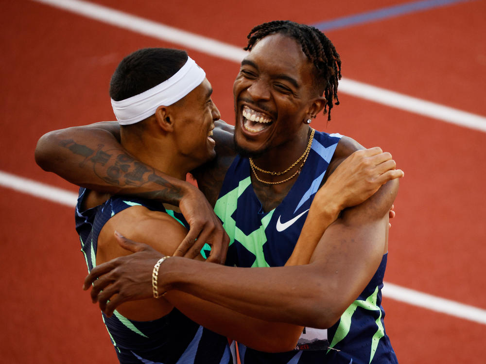 Michael Norman and Michael Cherry celebrate after finishing first and second in the 400-meter final at the U.S. Olympic trials last month. Both will compete in the 400-meter event in Tokyo.