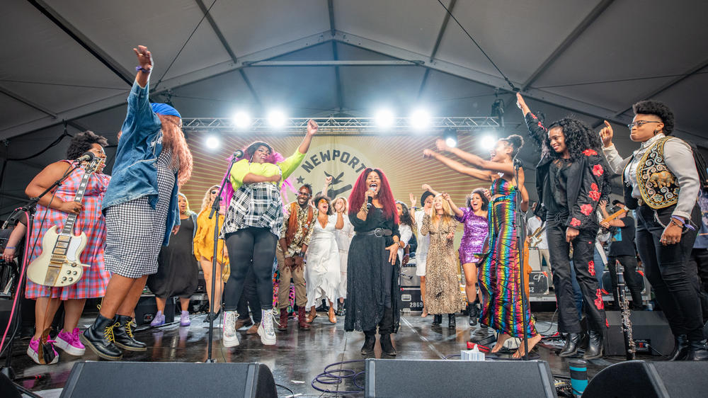 Chaka Kahn, center, performing with Brandi Carlile, Joy Oladokun, Yola, Nathaniel Rateliff, Margo Price, Allison Russell, Adia Victoria and others during Allison Russel's Once and Future Sounds, which closed day three of the festival.