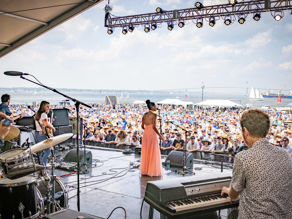 Allison Russell, center, performs during day five of the 2021 Newport Folk Festival on July 27, 2021 in Newport, R.I.