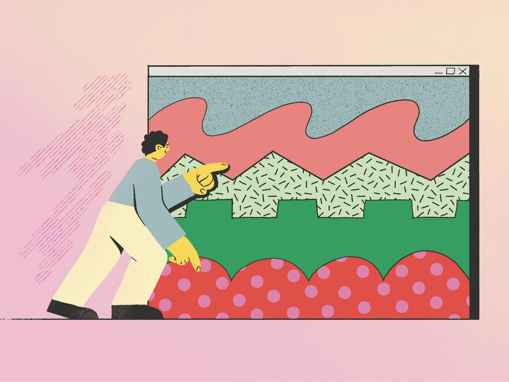 Illustration of a person standing in front of a life-sized chart showing different colors in waves and lines representing them balancing their stock portfolio.