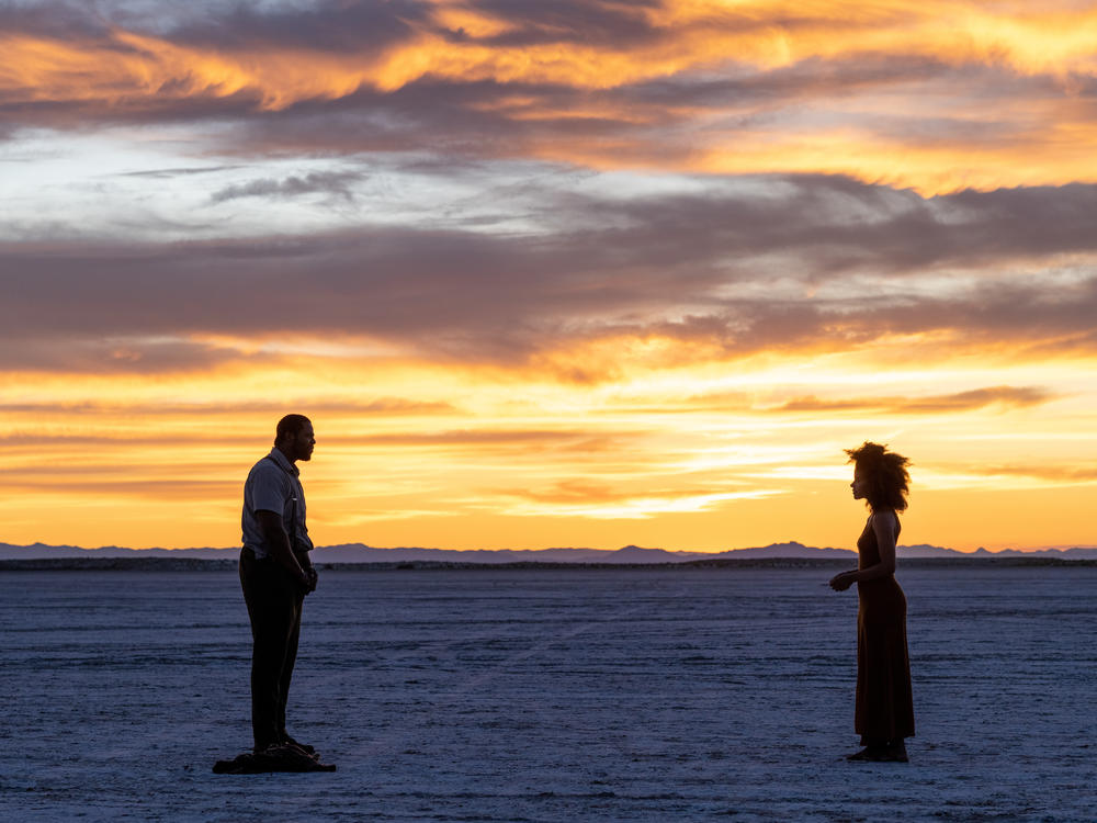 Winston Duke (left) and Zazie Beetz in a realm where souls are auditioned for life on Earth in <em>Nine Days.</em>