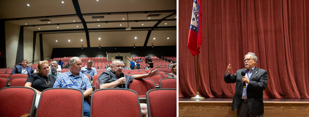 Town hall meetings are taking place throughout Arkansas to answer questions about COVID vaccines — and encourage people to sign up for one. Attendees (left) ask questions in one such meeting in Heber Springs, Ark. In attendance is Dr. Jose Romero (right), health secretary for Arkansas.