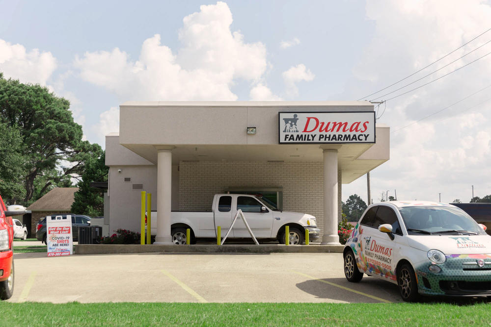 The Dumas Family Pharmacy promotes COVID-19 vaccines in Dumas, Ark., a small city in the southeast delta region of the state.