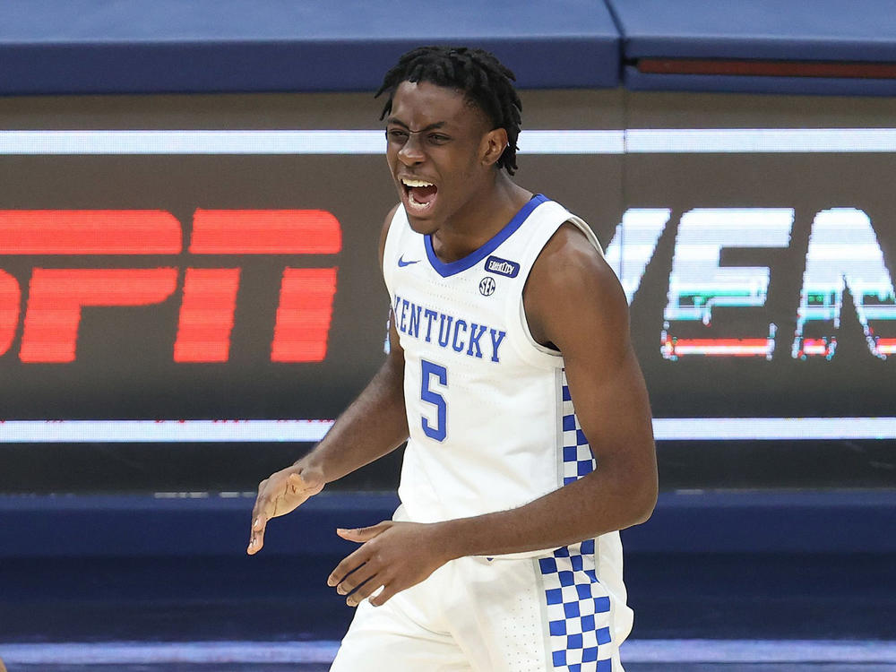 Terrence Clarke of the Kentucky Wildcats celebrates in a game against the Kansas Jayhawks on Dec. 1, 2020, in Indianapolis.