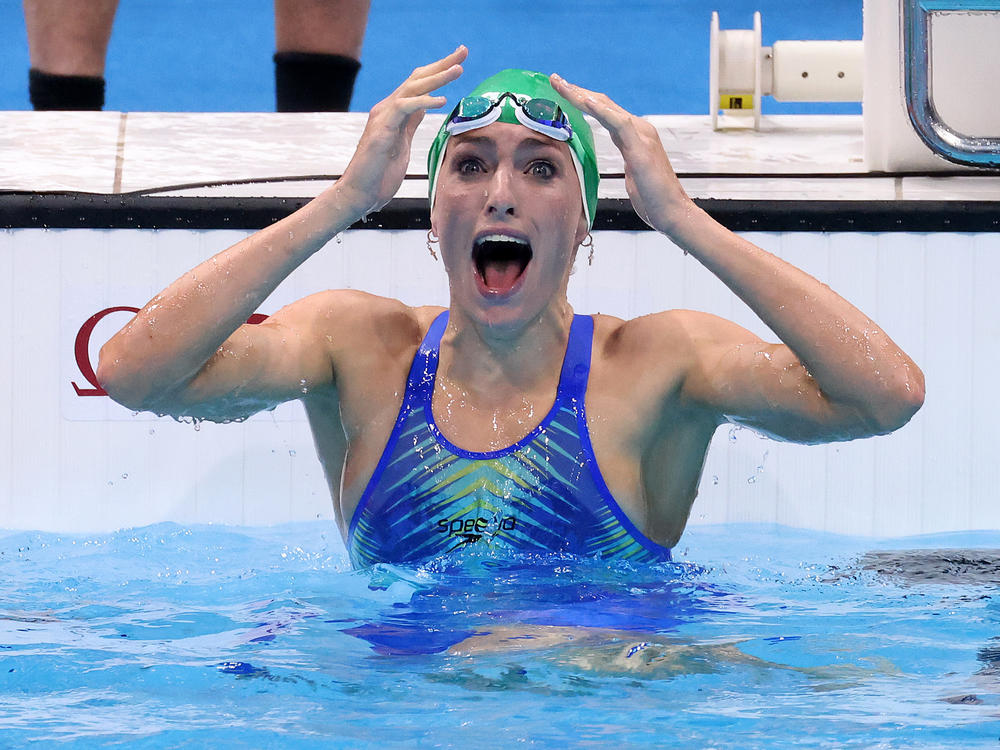 Tatjana Schoenmaker of Team South Africa reacts after winning the gold medal and breaking the world record in the women's 200-meter breaststroke final on Friday. It's South Africa's first gold medal of the Tokyo Olympics.