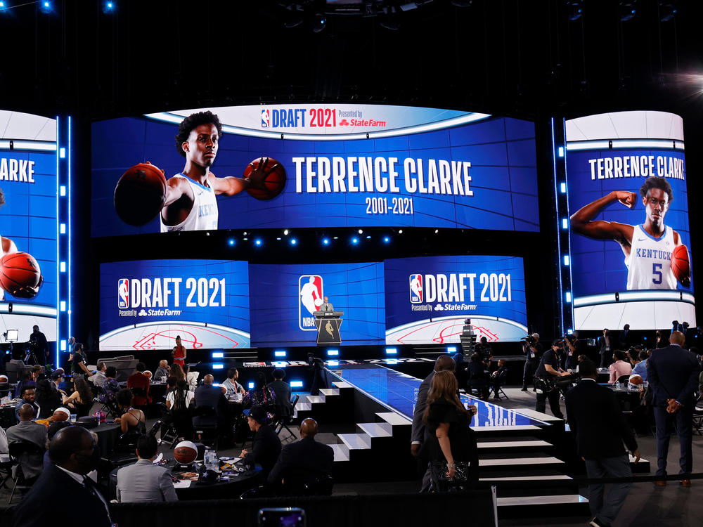 NBA Commissioner Adam Silver gives a memorial in honor of Terrence Clarke on Thursday during the 2021 NBA Draft at the Barclays Center in New York City.