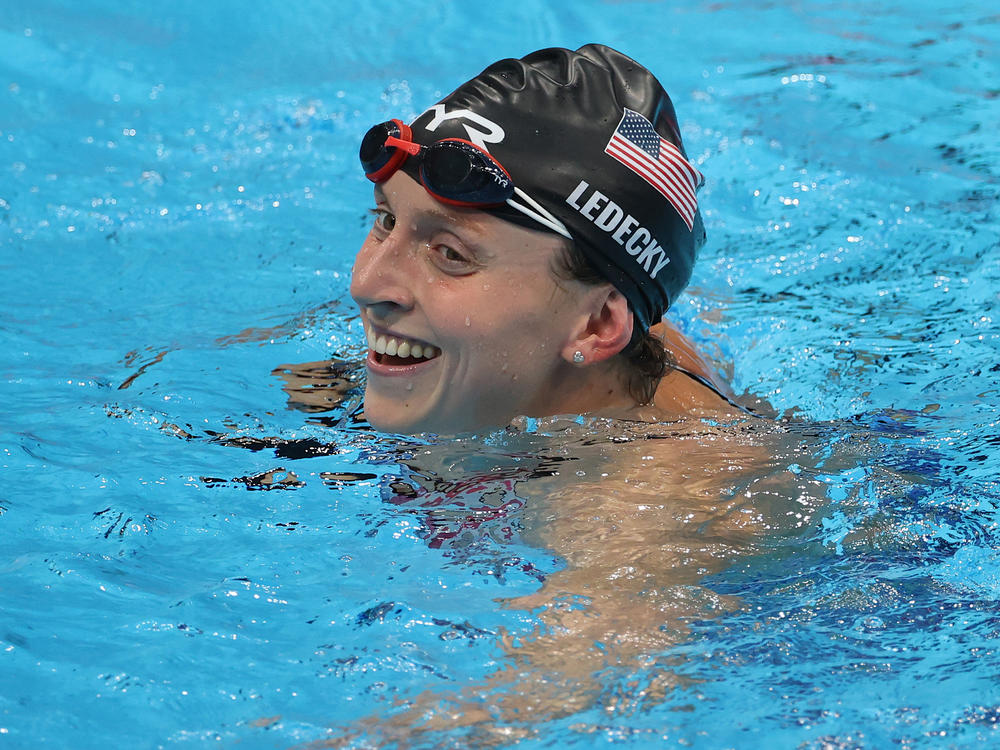 Katie Ledecky of Team USA reacts after winning gold in the women's 800-meter freestyle at the Tokyo Aquatics Centre on Saturday.