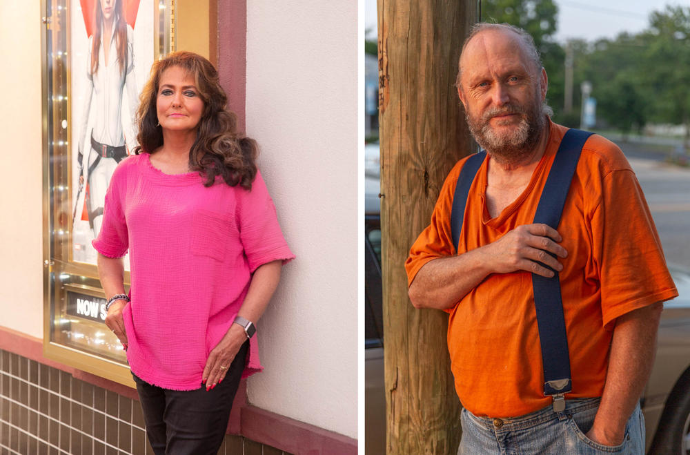 The staff at the Gem Theater in downtown Heber Springs, Ark., have different attitudes about vaccination. Rena Kelley (left) was vaccinated in April; she said she wanted to protect her kids and her elderly parents. Jewell Brackett has been hesitant but says he might still get the vaccine.