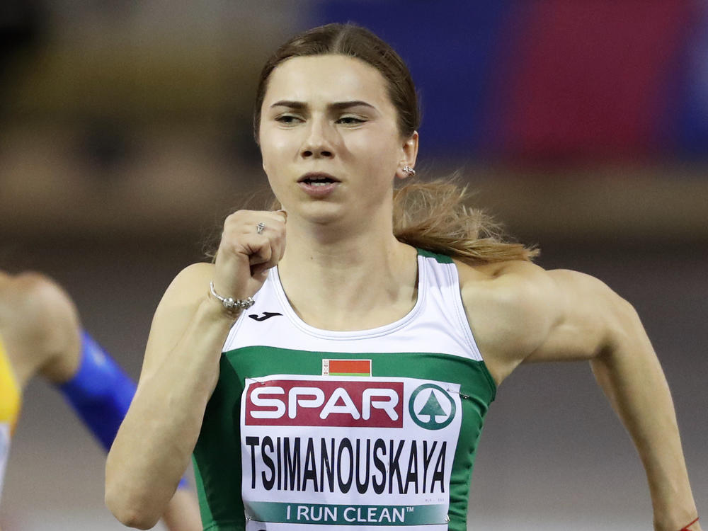 Krystsina Tsimanouskaya of Belarus competes in a heat of the women's 60 meters race at the European Athletics Indoor Championships at the Emirates Arena in Glasgow, Scotland, Saturday, March 2, 2019.