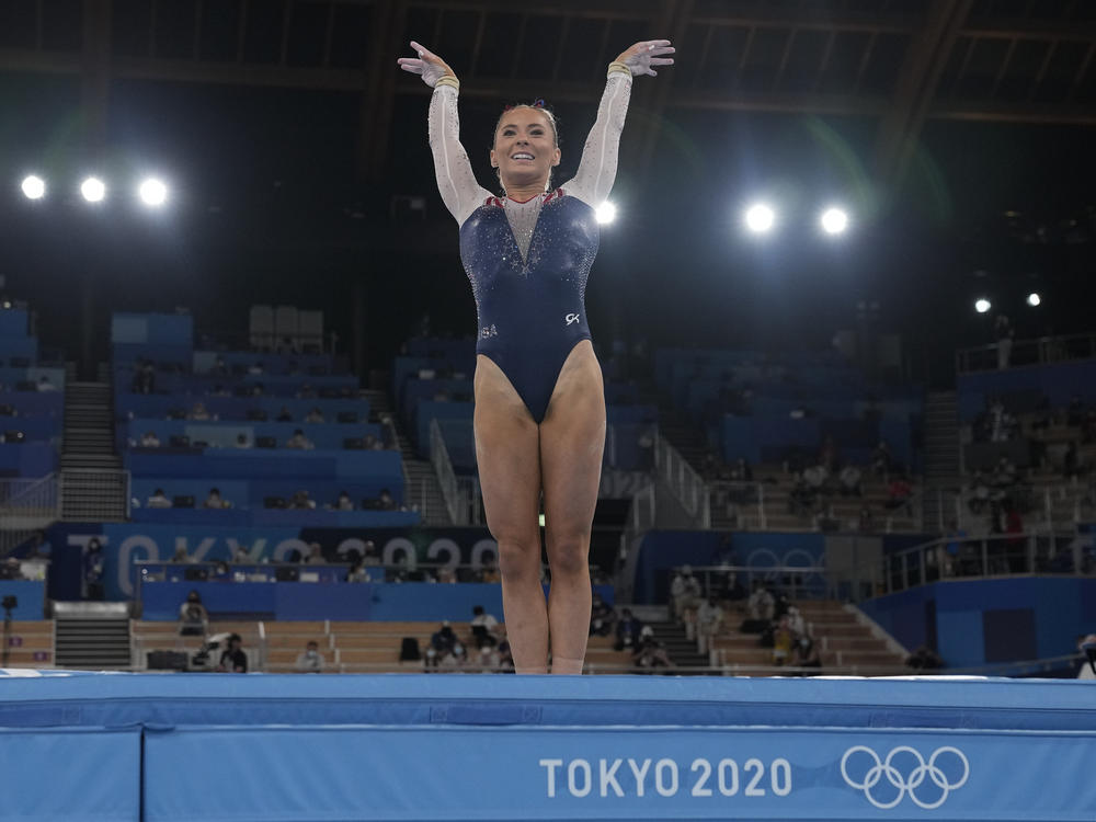 U.S. gymnast MyKayla Skinner performs on the vault during the gymnastics women's apparatus final at the Summer Olympics in Tokyo.