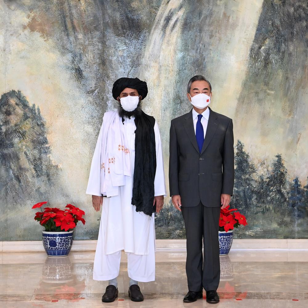 Chinese Foreign Minister Wang Yi meets with Mullah Abdul Ghani Baradar, political chief of Afghanistan's Taliban, in Tianjin, China, on July 28.