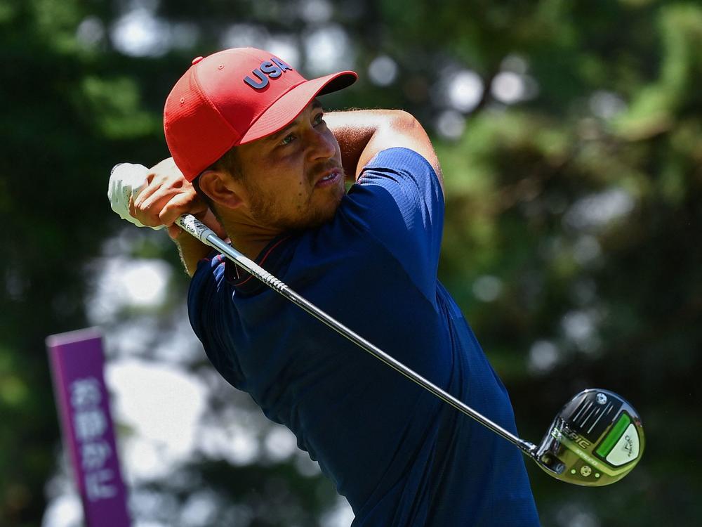USA's Xander Schauffele watches his drive from the 5th tee in the final round of the men's golf tournament during the Tokyo Olympics on Sunday.