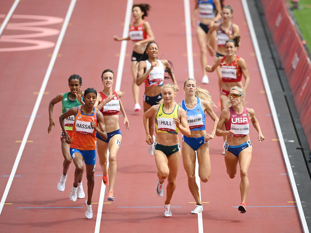 Dutch athlete Sifan Hassan wins the race in the first round of women's 1,500 meter heats at the Tokyo Olympics on Monday.