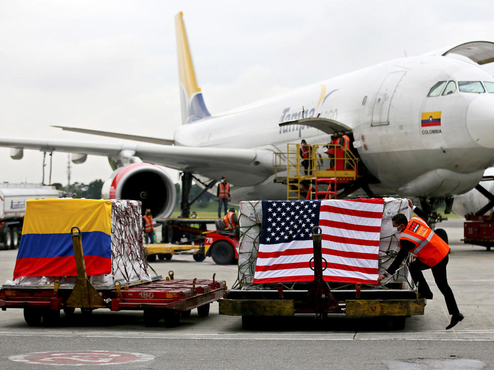 Containers of Moderna vaccines donated by the U.S. arrived in Bogota, Colombia, on July 25.