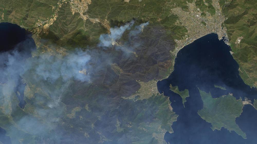 A satellite photo from the Turkish military shows wildfires in Mugla, Turkey, on Sunday.
