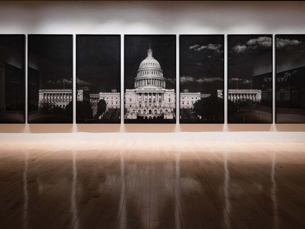 Robert Longo,<em> Untitled (Capitol)</em>, 2012-2013. Charcoal on mounted paper. Installation image by Lance Gerber for the Palm Springs Art Museum's exhibition <em>Storm of Hope: Law & Disorder</em>.