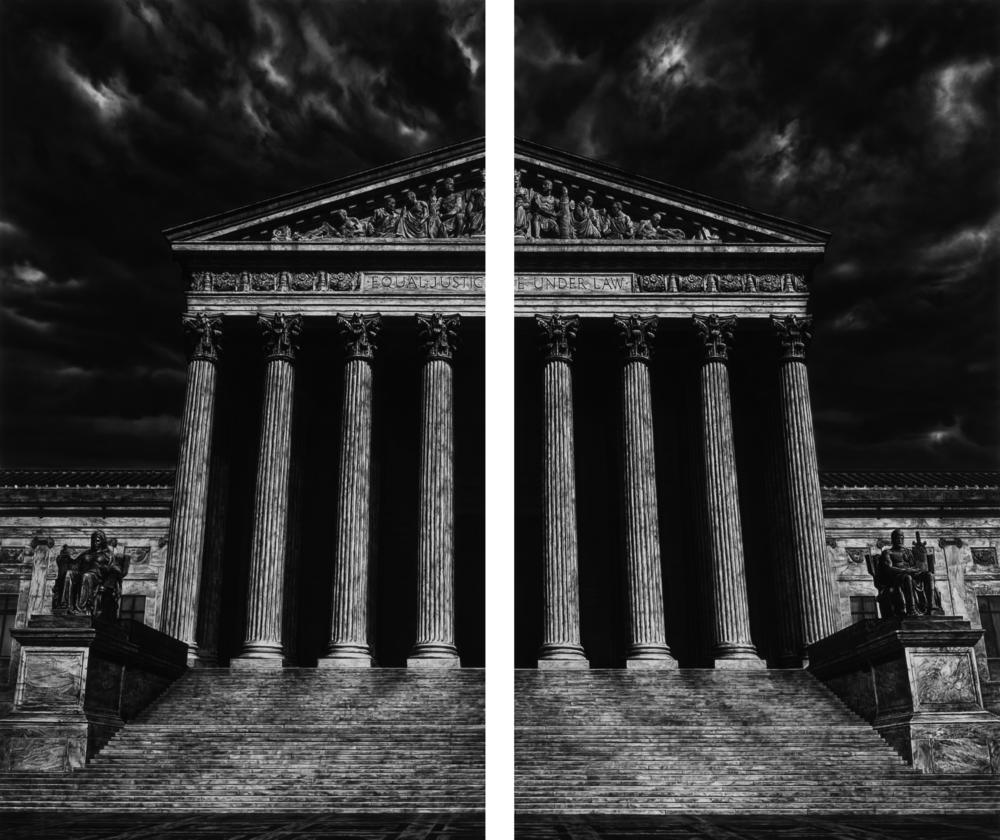 Robert Longo, <em>Untitled (The Supreme Court of the United States (Split)),</em> 2018. Charcoal on mounted paper.