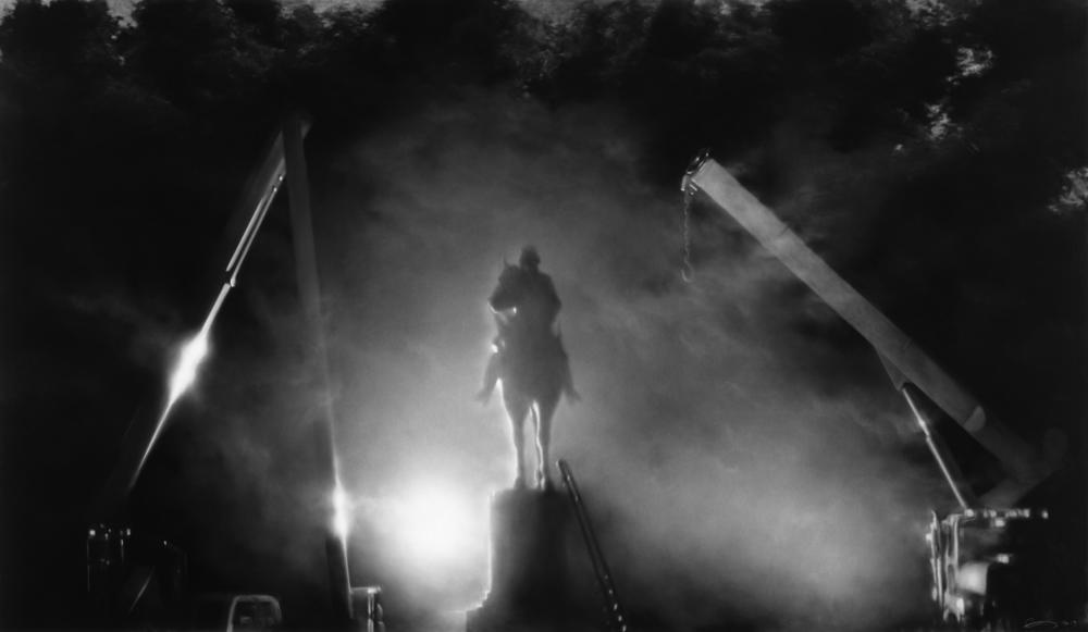 Robert Longo, <em>Untitled (Nathan Bedford Forrest Statue Removal; Memphis, 2017),</em> 2018. Charcoal on mounted paper.