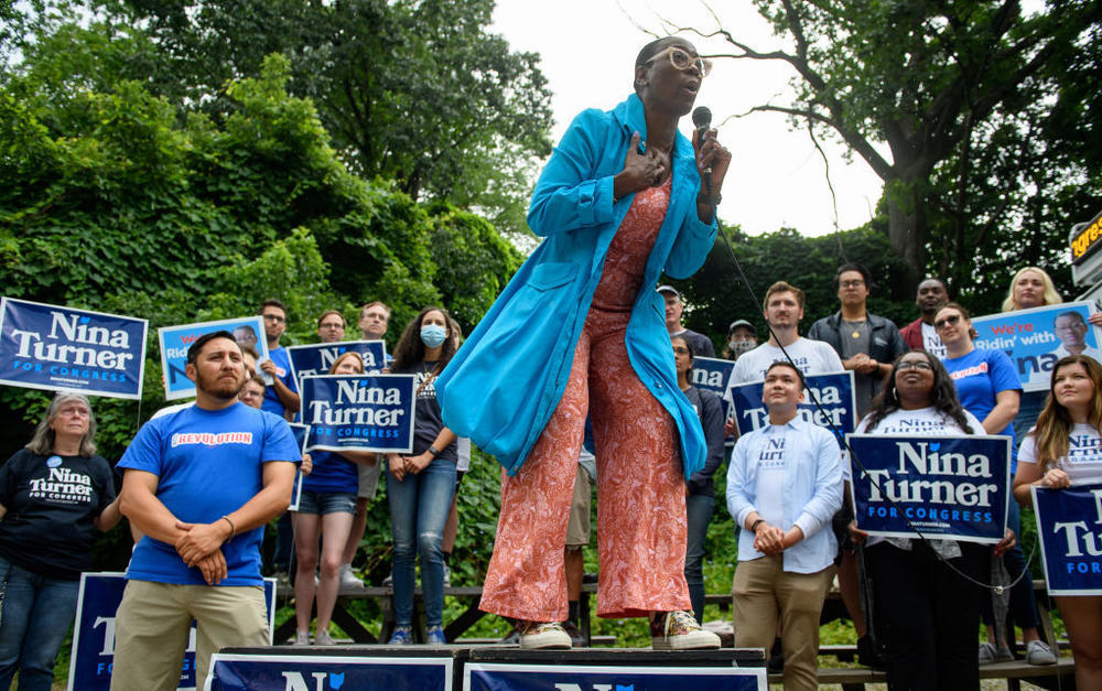 Ohio congressional candidate Nina Turner speaks at a campaign rally at which she received support from U.S. Rep. Alexandra Ocasio-Cortez of New York on July 24 in Cleveland.