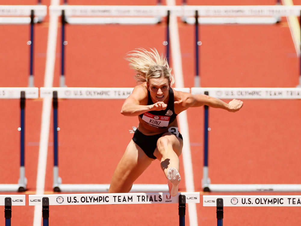 Annie Kunz in the women's heptathlon 100-meter hurdles during the Olympic trials in Eugene, Ore., in June. Building her training regimen around recent findings from sex-specific sports medicine research has made a difference in her performance, says Kunz, who is competing at the Tokyo Olympics.