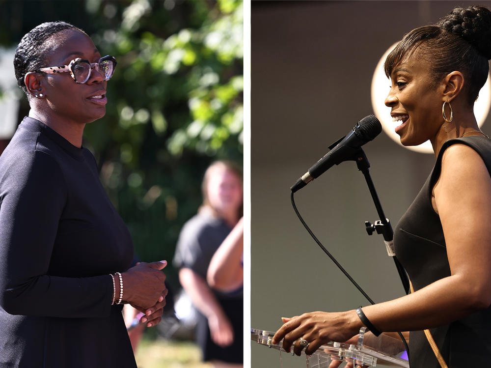 <strong>Left:</strong> Congressional candidate Nina Turner speaks during a 'Get Out the Vote' canvassing event on Monday in Cleveland, Ohio. <strong>Right:</strong> Cuyahoga Councilwoman and congressional candidate Shontel Brown speaks during a Souls to the Polls rally at Sanctuary Baptist Church on Sunday in Cleveland, Ohio.