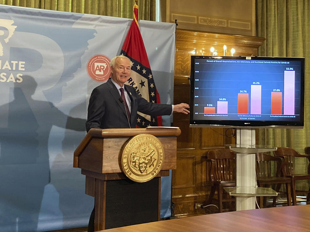 Arkansas Gov. Asa Hutchinson stands next to a chart displaying COVID-19 hospitalization data as he speaks at a news conference at the state Capitol in Little Rock, Ark., Thursday, July 29, 2021.