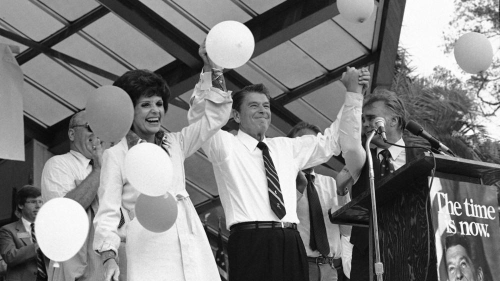 Ronald Reagan on the 1980 campaign trail with Paula Hawkins, then a Republican U.S. Senate candidate from Florida.