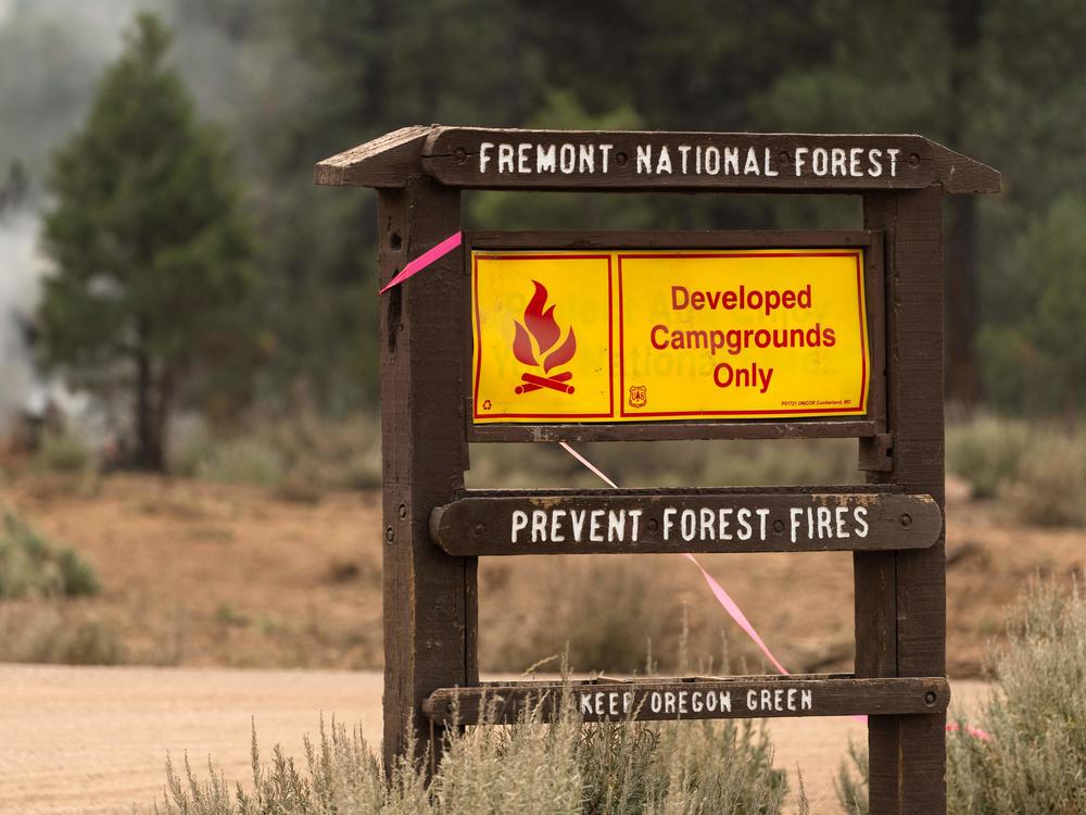 A fire warning sign is seen amid trees which smolder and burn in Division Echo Echo of the Bootleg Fire on July 25, 2021, in the Fremont National Forest of Oregon.