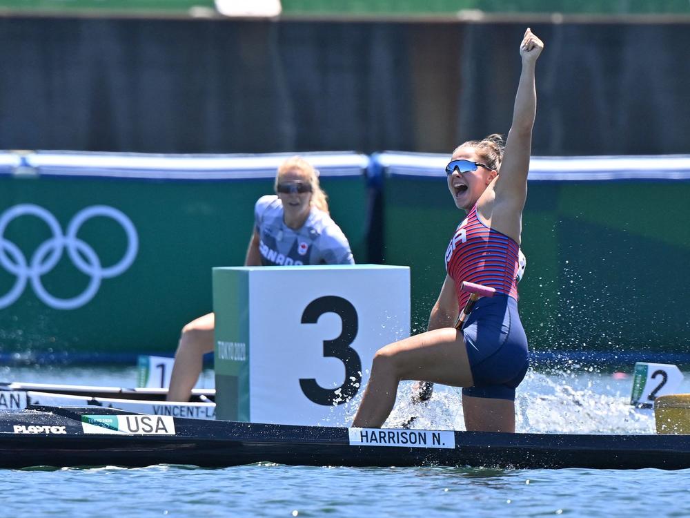 Nevin Harrison of the U.S. celebrates after winning gold in the women's canoe single 200-meter final during the Olympic Games at Sea Forest Waterway in Tokyo on Thursday.