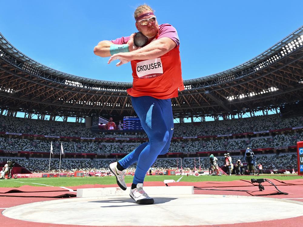 USA's Ryan Crouser competes in the men's shot put final during the Tokyo 2020 Olympic Games at the Olympic stadium on Thursday. Three of his six throws broke the Olympic record.