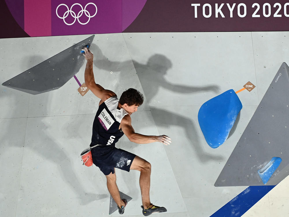 U.S. climber Nathaniel Coleman competes in the men's sport climbing bouldering final on Thursday during the Tokyo Olympic Games.