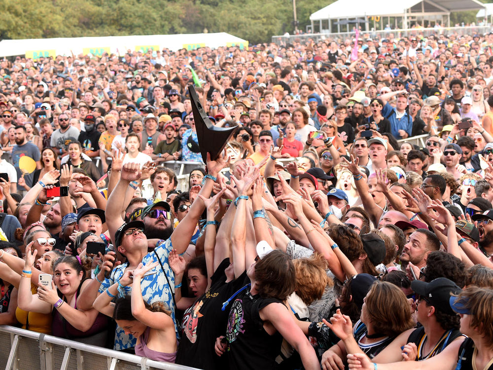 The crowd catches Wes Borland's guitar during the Lollapalooza music festival last weekend at Grant Park in Chicago.