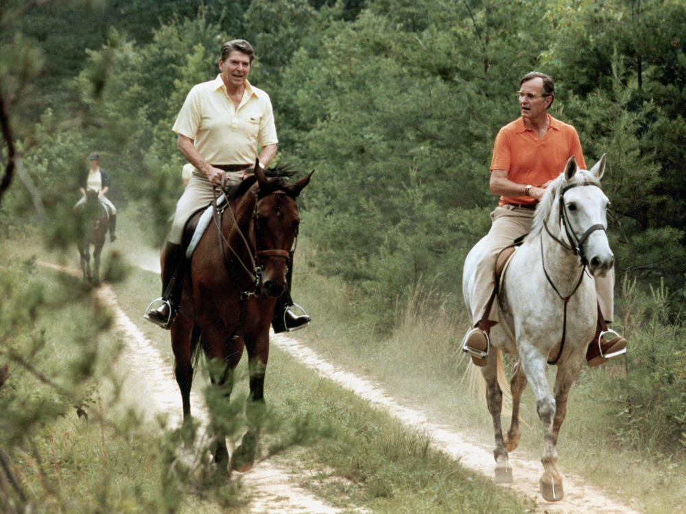 In 1981, President Ronald Reagan and Vice President George Bush ride horses at Camp David, Md., a compound used by presidents since Franklin Delano Roosevelt.