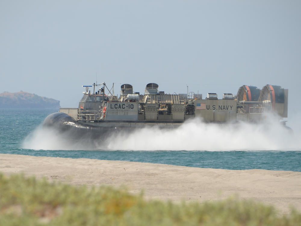 A U.S. Navy hovercraft prepares to hit the beach during amphibious-landing exercises as part of an annual joint U.S.-Philippine military exercise on the shores of San Antonio, facing the South China Sea, in Zambales province, Philippines, on April 11, 2019.