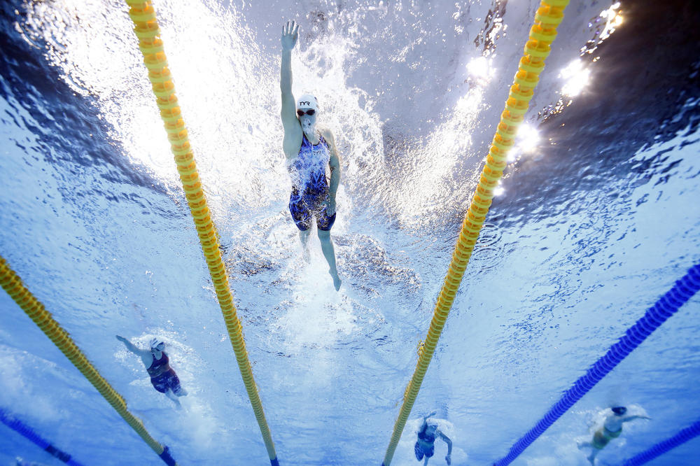 U.S. swimmer Katie Ledecky races in a heat of the women's 400 meter freestyle race in Tokyo.