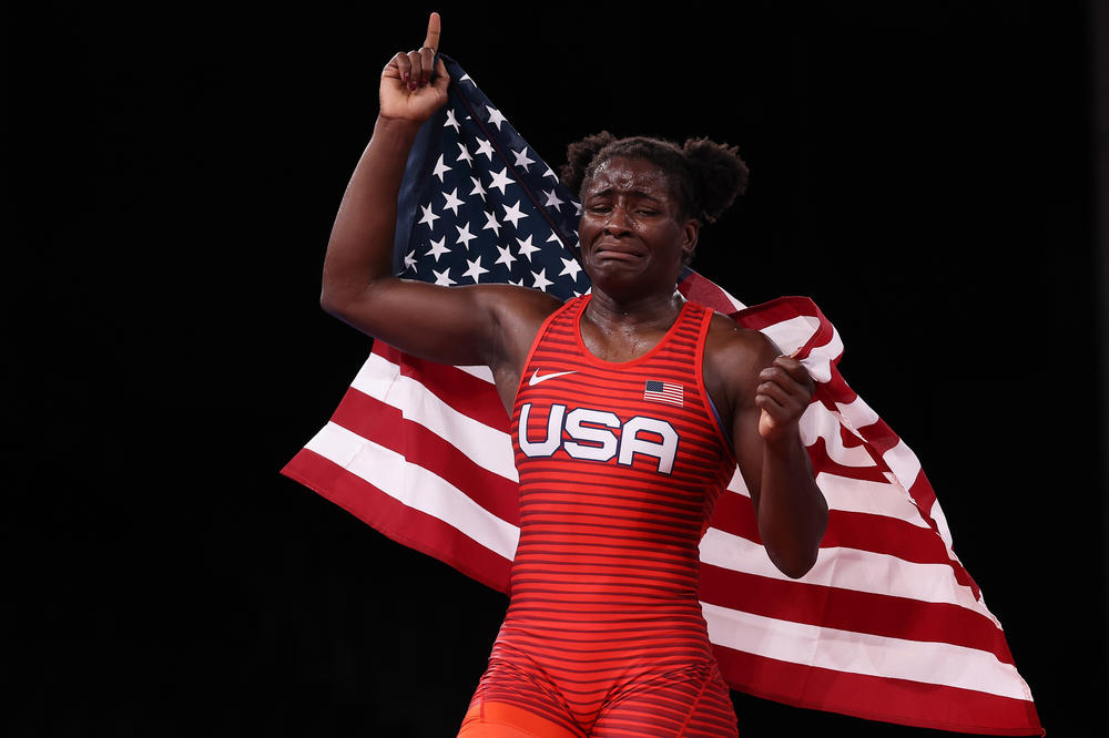 U.S. wrestler Tamyra Mensah-Stock celebrates after winning the women's freestyle 68-kilogram final at the Tokyo Olympics.