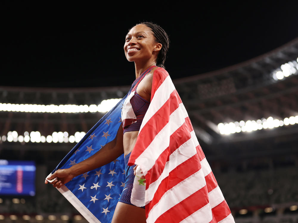 Allyson Felix of Team USA celebrates after winning the bronze medal in the women's 400-meter final at the Tokyo Olympic Games on Friday.